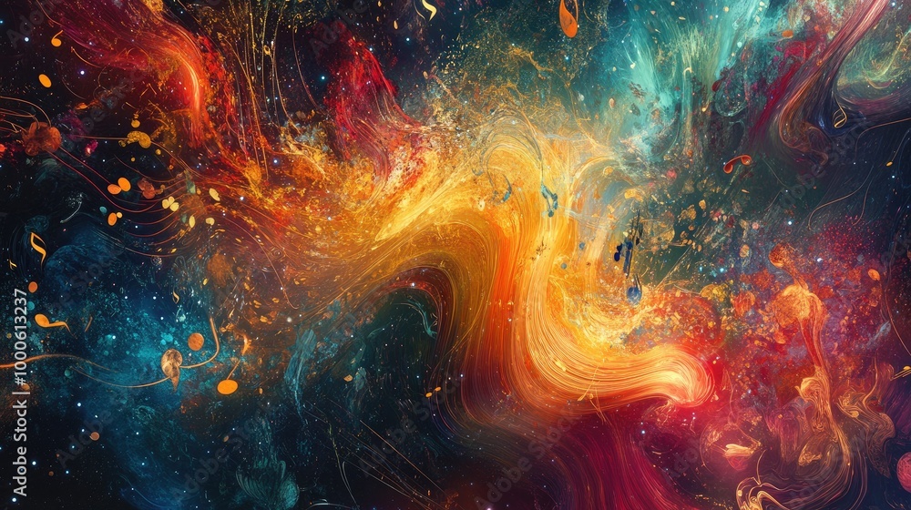 Poster high-res close-up of a digital canvas, with music notes transforming into vivid abstract art, combin