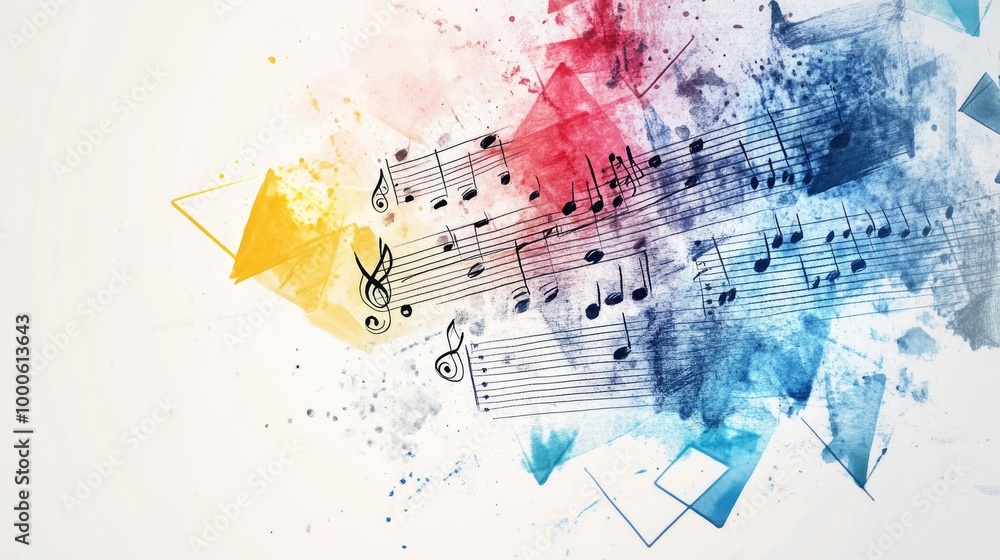 Poster high-res photo of a digital notebook with sketched music notes, with watercolor splashes and geometr