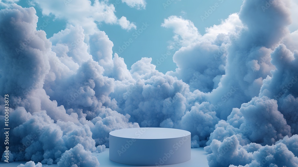 Poster 4. a serene 3d render showcasing a blue cloud background and a minimal podium, creating a beautiful 