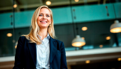 Cheerful blonde woman in a business suit smiling in a well-lit office environment, radiating positivity and professionalism.