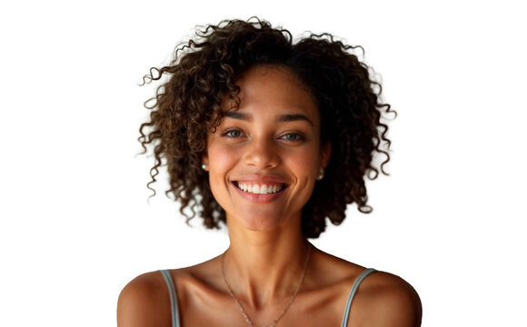 Smiling woman with curly hair isolated on a transparent background, radiating joy and positivity.