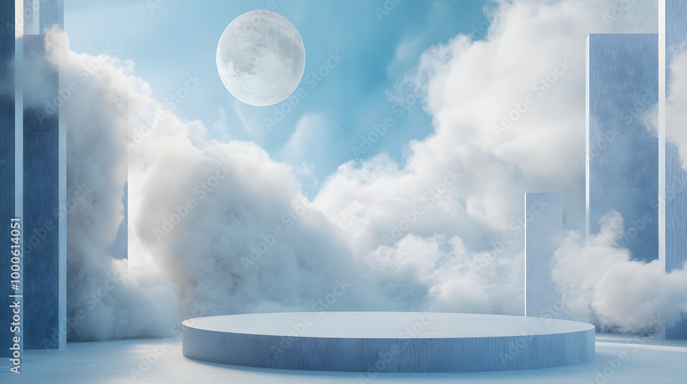 Poster 4. a serene 3d render showcasing a blue cloud background and a minimal podium, creating a beautiful 