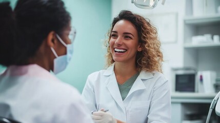 Obraz premium Realistic photo of a woman in her 30s at a dentist office for a dental exam, highlighting oral health care.
