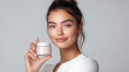 Realistic photo of a woman in her 30s with flawless skin, holding a jar of skincare cream, promoting daily skincare routines for mature skin.