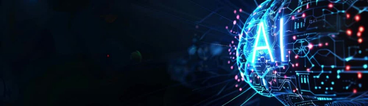 AI letters and digital brain on dark background. Concept of artificial intelligence, circuit elements and technology 
