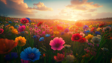 Fototapeta premium A vast, enchanted field of photorealistic rainbow-colored flowers glowing under the soft light of a setting sun, with realistic shadows and light reflecting off the flowers and grass