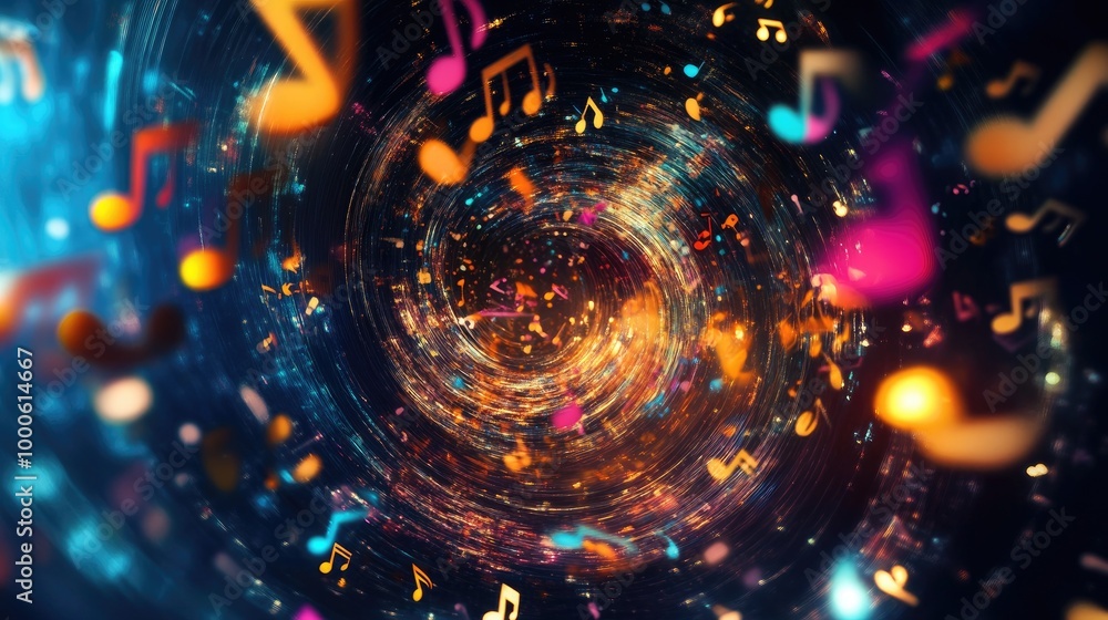 Poster virtual photo of a swirling vortex of colorful musical notes, dancing against a dark artistic backgr