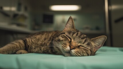 A peaceful tabby cat sleeps on a green surface, conveying a sense of tranquility in a veterinary setting.