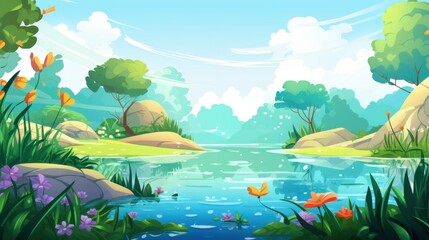 Obraz premium A Serene Forest River Scene with Lush Greenery and Blooming Flowers