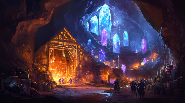 It is a dwarven mine where gemstones sparkle in the tunnels, and dwarves are busy mining ore. Dwarven Mine. Illustration
