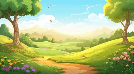 A winding path leads through a verdant valley with mountains in the distance.