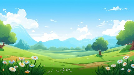 Fototapeta premium Green Meadows with Daisies and Distant Mountains under a Blue Sky