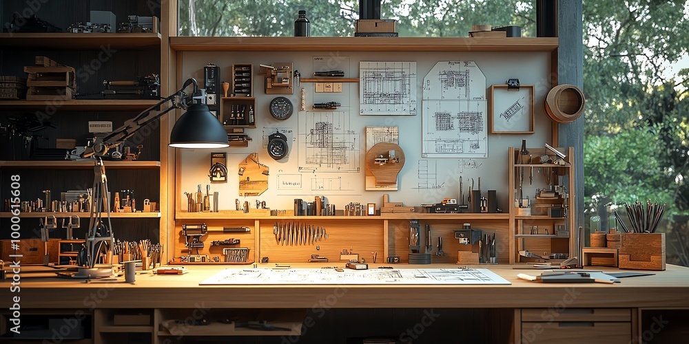 Poster a well-organized workspace with a desk lamp illuminating a clean, wooden workbench. there are shelve