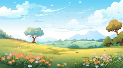 A Sunny Meadow with Trees, Flowers, and Mountains in the Distance