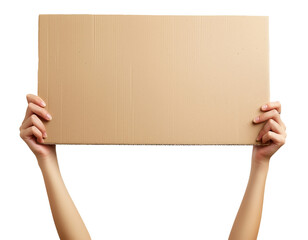 Hands with blank cardboard placard isolated on transparent background