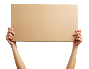 Hands with blank cardboard placard isolated on transparent background