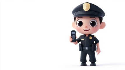 Adorable police officer cartoon character holding a tiny walkie-talkie, isolated on a white background with big round eyes.
