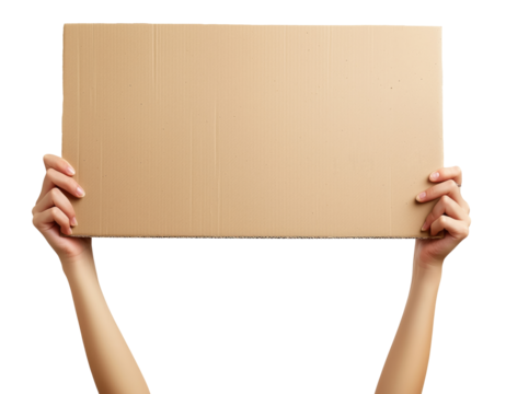 Hands with blank cardboard placard isolated on transparent background