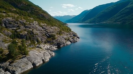 Obraz premium Majestic Fjord Landscape with Mountainous Cliffs and Tranquil Blue Water