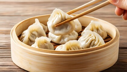 Dim sum traditional cuisine, A bamboo steamer holds freshly made dumplings, revealing a hand using chopsticks to pick one, highlighting a delicious Asian culinary delight.