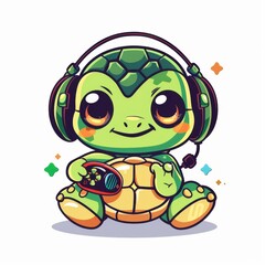 Obraz premium Kawaii Turtle With Headset