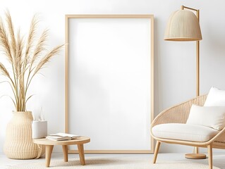 
Scandinavian living room with a floor lamp, comfy seating, and a blank frame placed on the floor beside a modern armchair