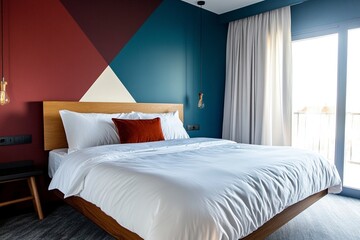 Interior of modern bedroom with double bed and white linen, color ful wall with patterns. Accent wall with maroon and blue diagonal wall paint. generative ai