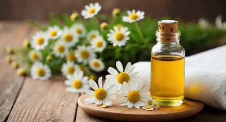 Chamomile flowers in the background with calming chamomile essential oil in a vintage glass bottle for a serene massage setting
