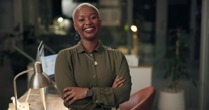 Night, face and business black woman with crossed arms, commitment and confidence for project deadline. Late, happy and professional employee in office for company growth with pride and mission