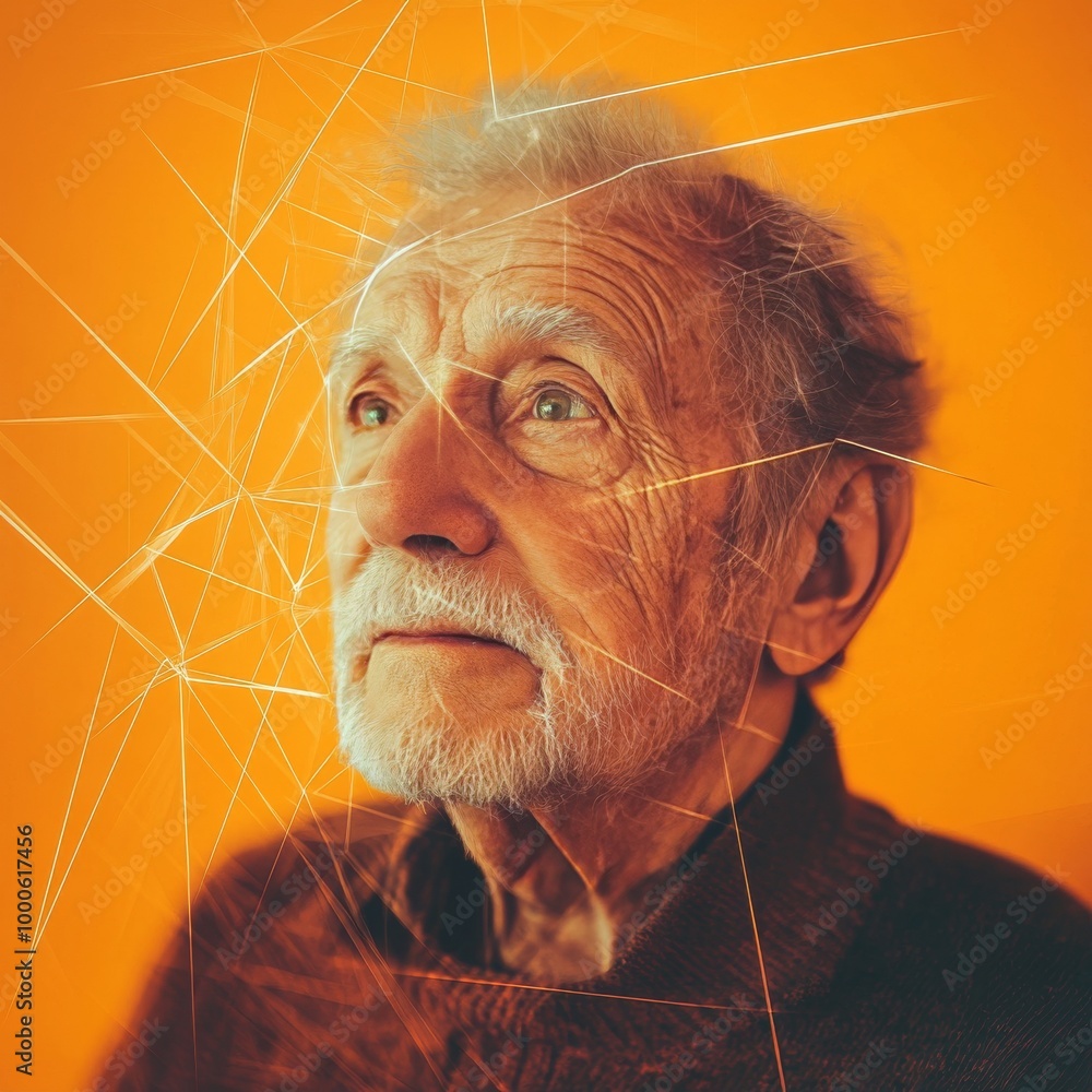 Poster a close-up digital portrait of an elderly man looking upward with a pensive expression. the image co