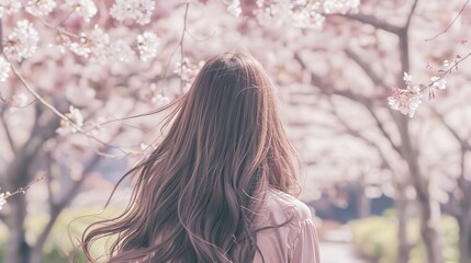 Beautiful young woman with long curly blonde hair from behind holding blooming branch of sakura tree