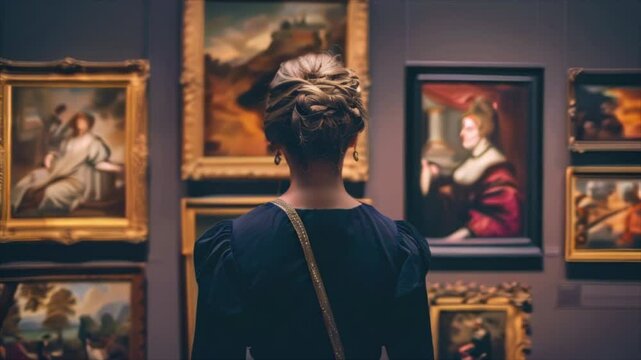 Back view of a woman in classical art gallery. Lady looking at old paintings in museum