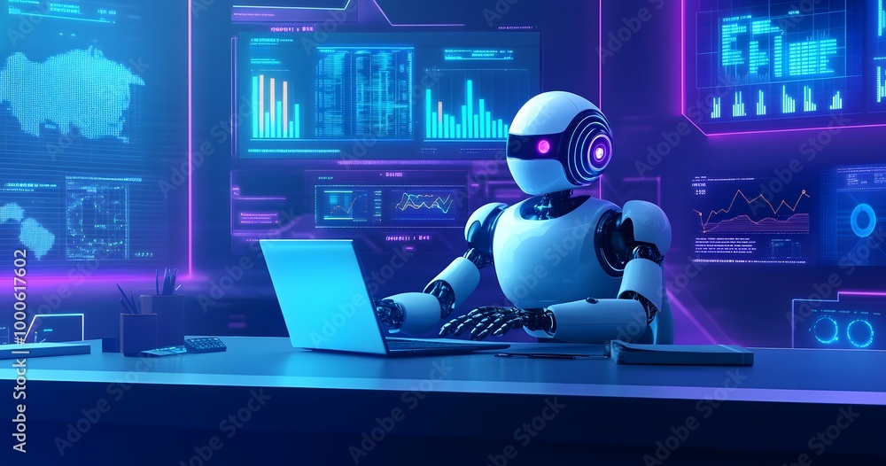 Poster a humanoid robot sits at an office desk, working on a laptop with various digital screens displaying