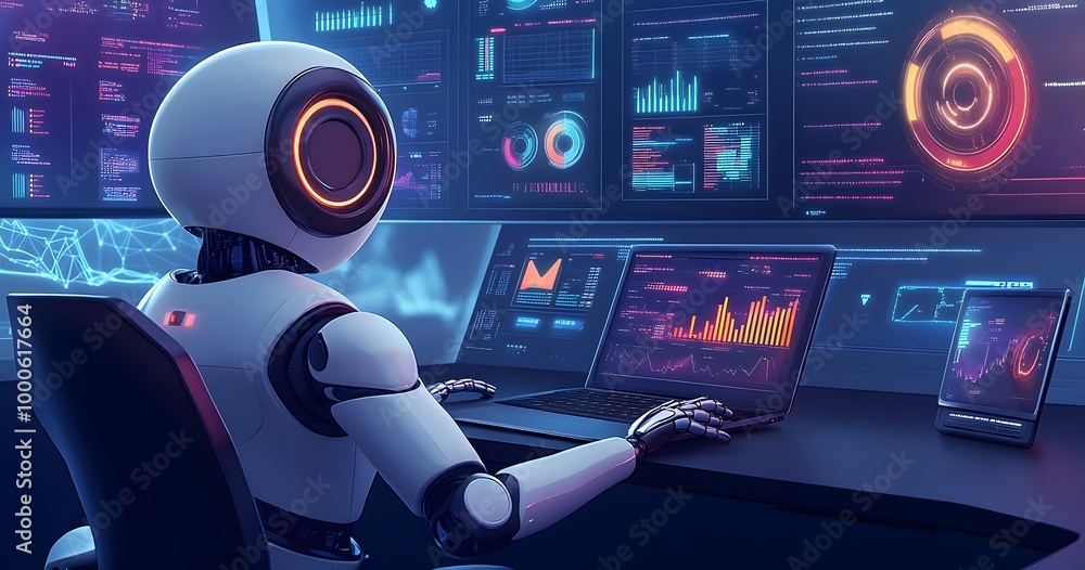 Poster a humanoid robot sits at an office desk, working on a laptop with various digital screens displaying