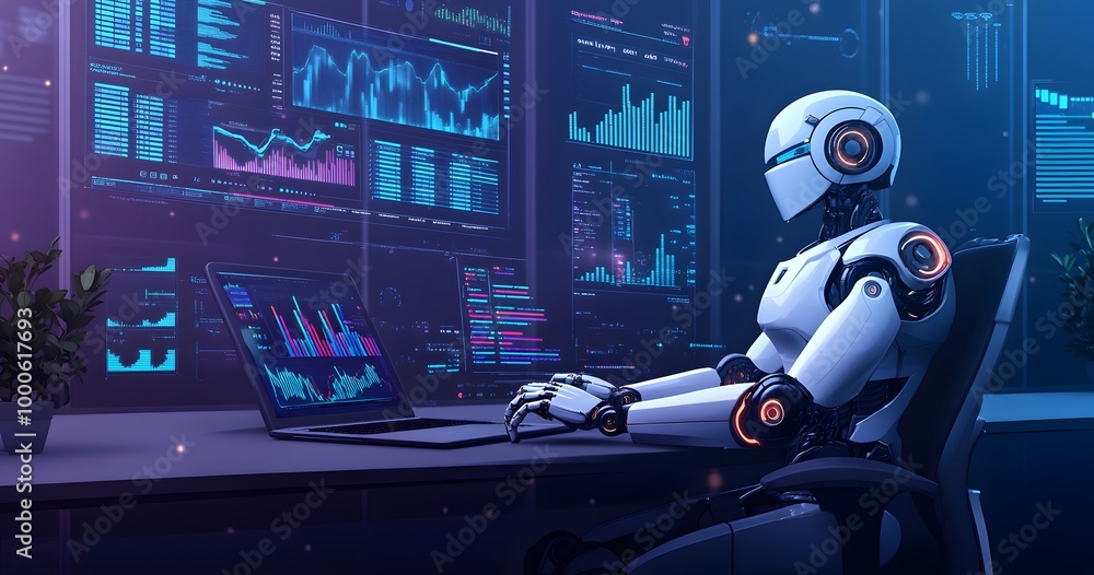 Poster a humanoid robot sits at an office desk, working on a laptop with various digital screens displaying