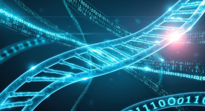 Cyan DNA sequences illuminated with dynamic light streaks and binary codes highlighting advancements in medical AI technology