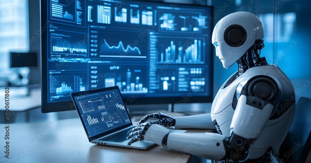 Poster a humanoid robot sits at an office desk, working on a laptop with various digital screens displaying