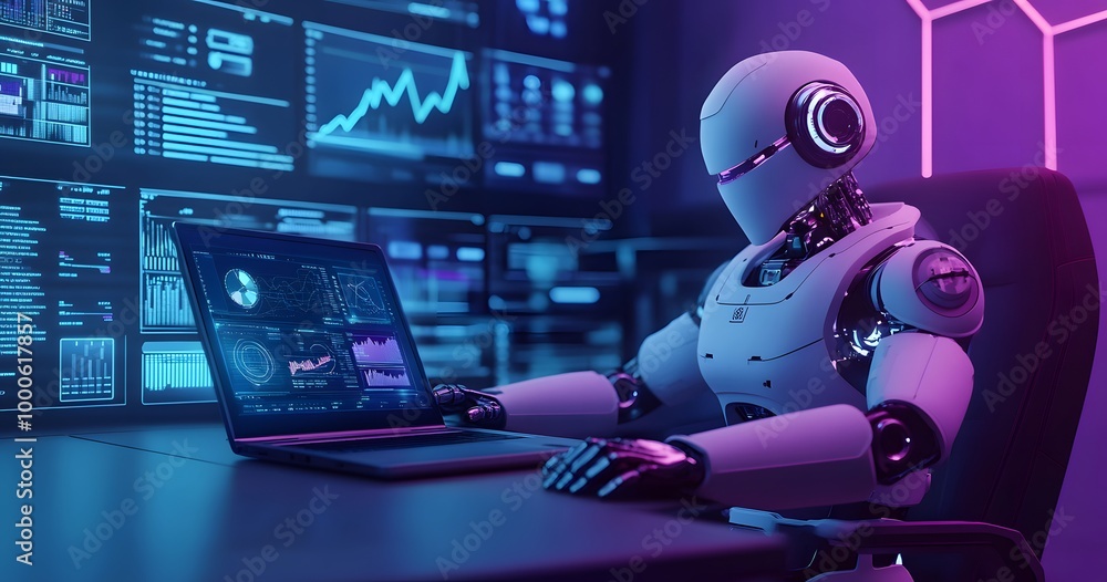 Poster a humanoid robot sits at an office desk, working on a laptop with various digital screens displaying