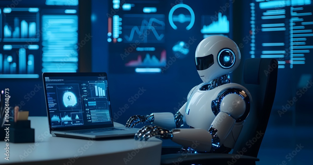 Poster a humanoid robot sits at an office desk, working on a laptop with various digital screens displaying