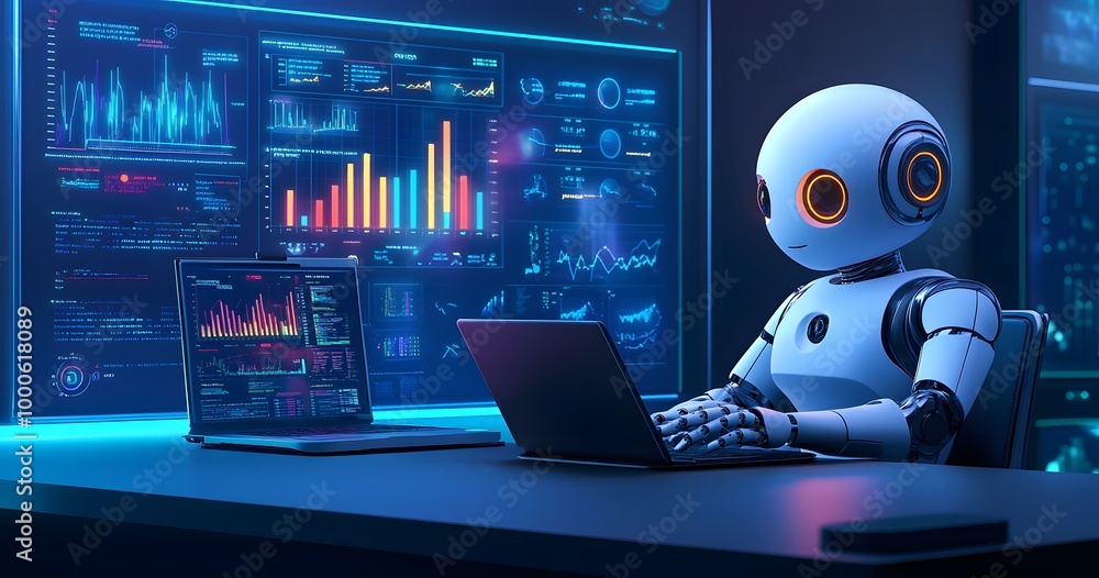 Poster a humanoid robot sits at an office desk, working on a laptop with various digital screens displaying