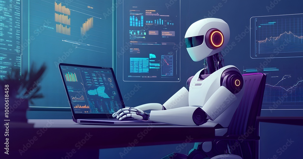 Poster a humanoid robot sits at an office desk, working on a laptop with various digital screens displaying