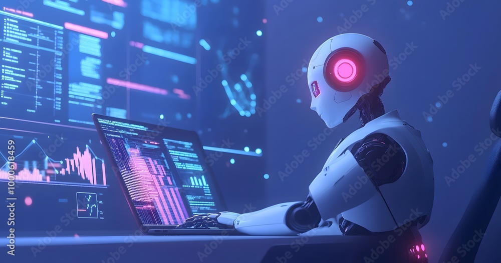 Poster a humanoid robot sits at an office desk, working on a laptop with various digital screens displaying