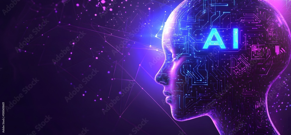 Aufkleber ai robot head and circuit board patterns in purple on a blue background
