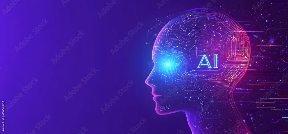 Poster ai robot head and circuit board patterns in purple on a blue background