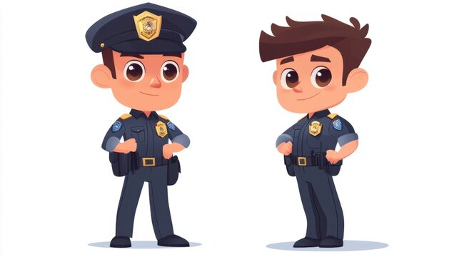 Cute police officer in cartoon style, holding a small badge and standing proudly, isolated on a clean white background.