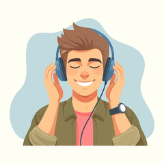 Happy young man listening to music flat cartoon vector illustration