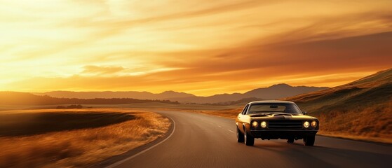 A classic car drives along a winding road at sunset, surrounded by picturesque hills and a vibrant sky.