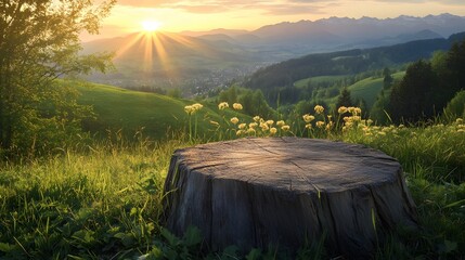 Fototapeta premium 4. A weathered wooden stump surrounded by rich greenery, with the sun rising over distant mountains, offering a picturesque and serene environment for product display