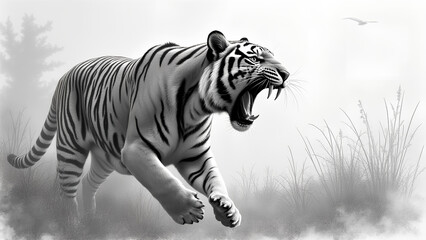 Naklejka premium penciling grayscale detailed of a realistic view of a tiger attacking the pov