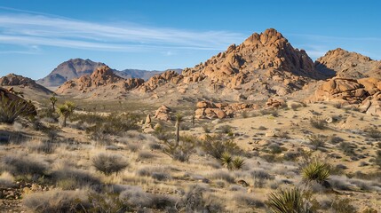 Panoramic view of a rugged desert landscape with towering red rock formations and dry brush.